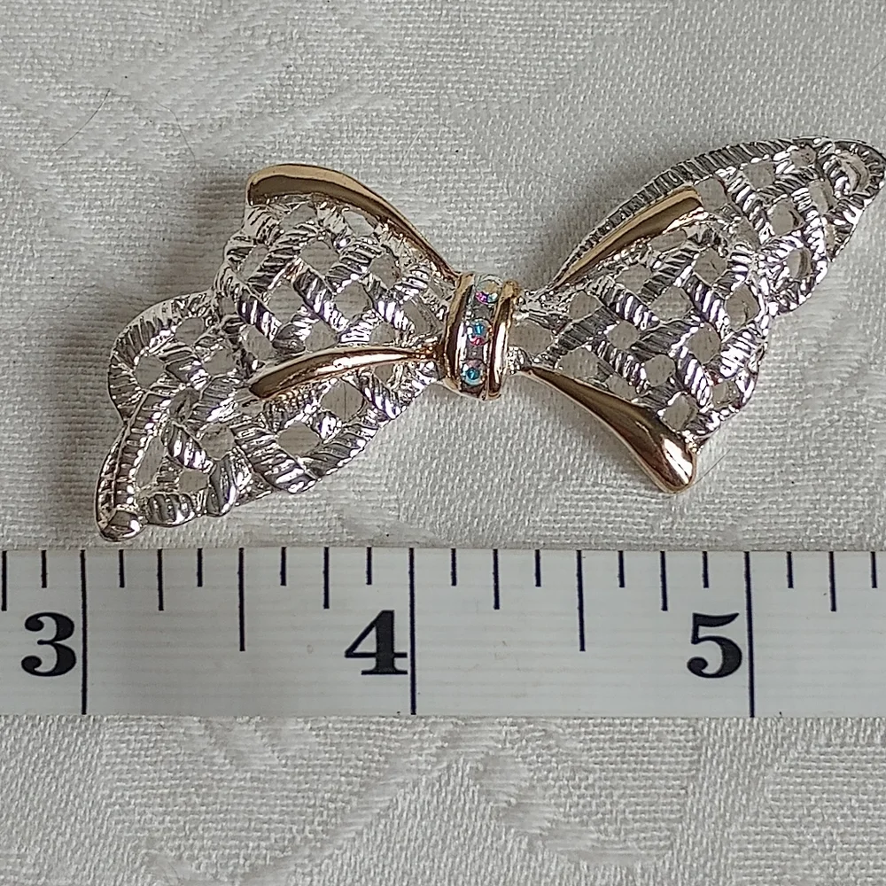 Set Of 3 Bow Brooches, Enamel Polka Dot, Ab Rhinestone, Black, Two Toned